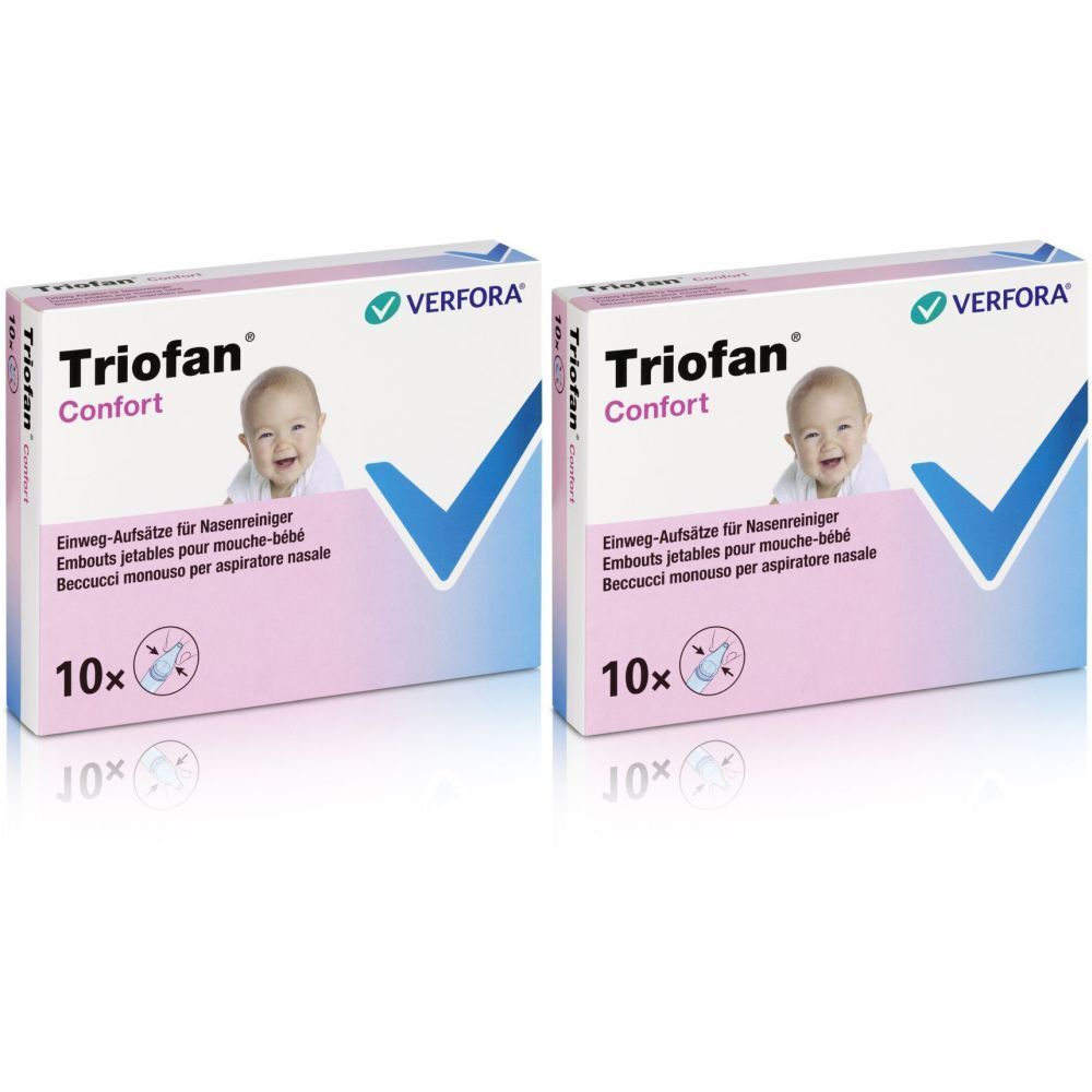 Deux boîtes de TRIOFAN® Komfort. Emballage rose et blanc avec image de bébé et nom du produit. 10 pièces par boîte.