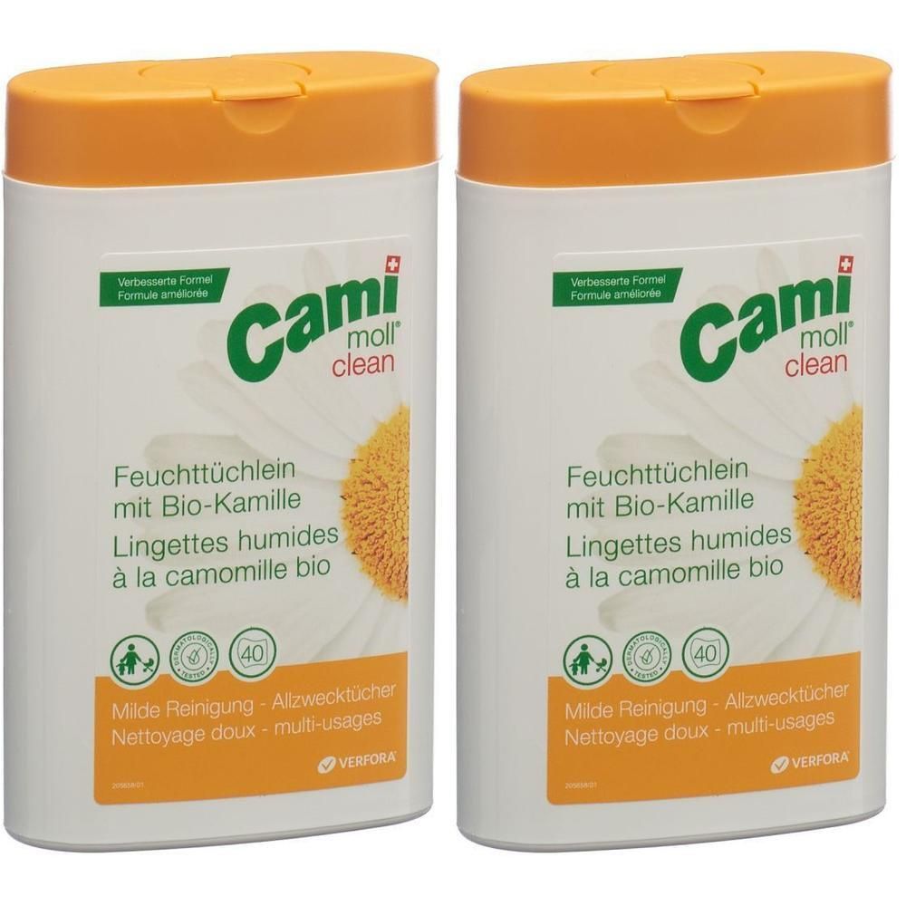 Twee witte containers met oranje deksels. Opschrift: Cami moll clean, vochtige doekjes met bio-kamille. Logo: kamillebloem.