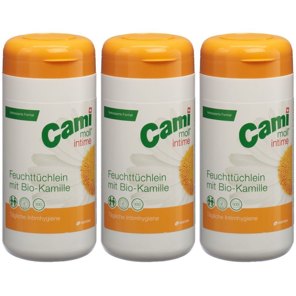 Trois boîtes blanches avec couvercles orange. Inscription : Cami moll intime, lingettes humides à la camomille bio. Croix suisse.