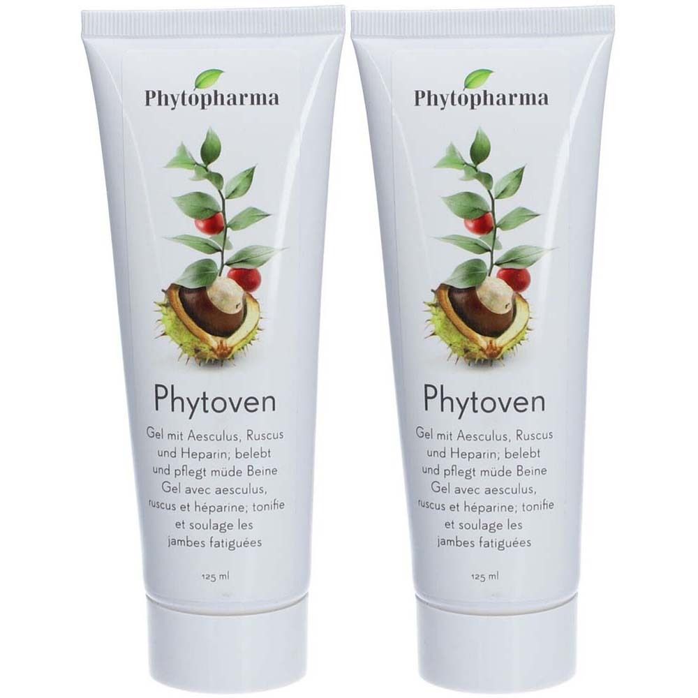 Deux tubes de gel Phytoven. Tubes blancs avec logo et nom du produit. Illustration de marron d'Inde et feuilles.