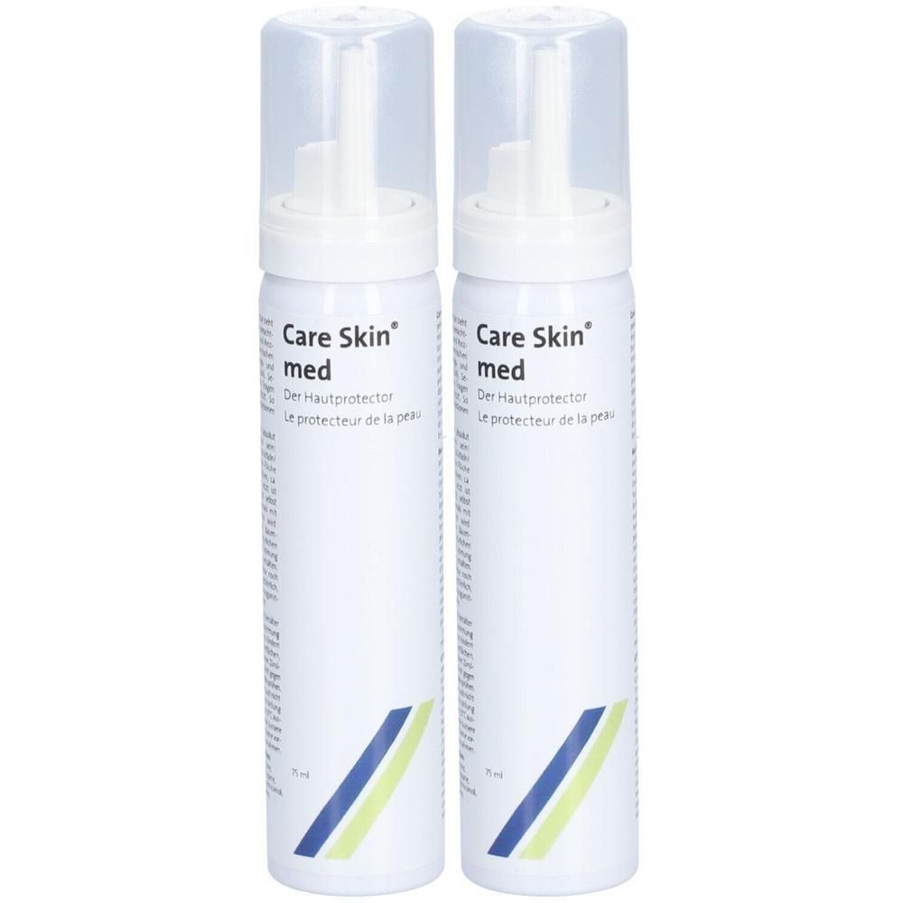 Twee witte flessen met sproeikop. Opschrift: Care Skin med, Der Hautprotector, Le protecteur de la peau. Gekleurde strepen.