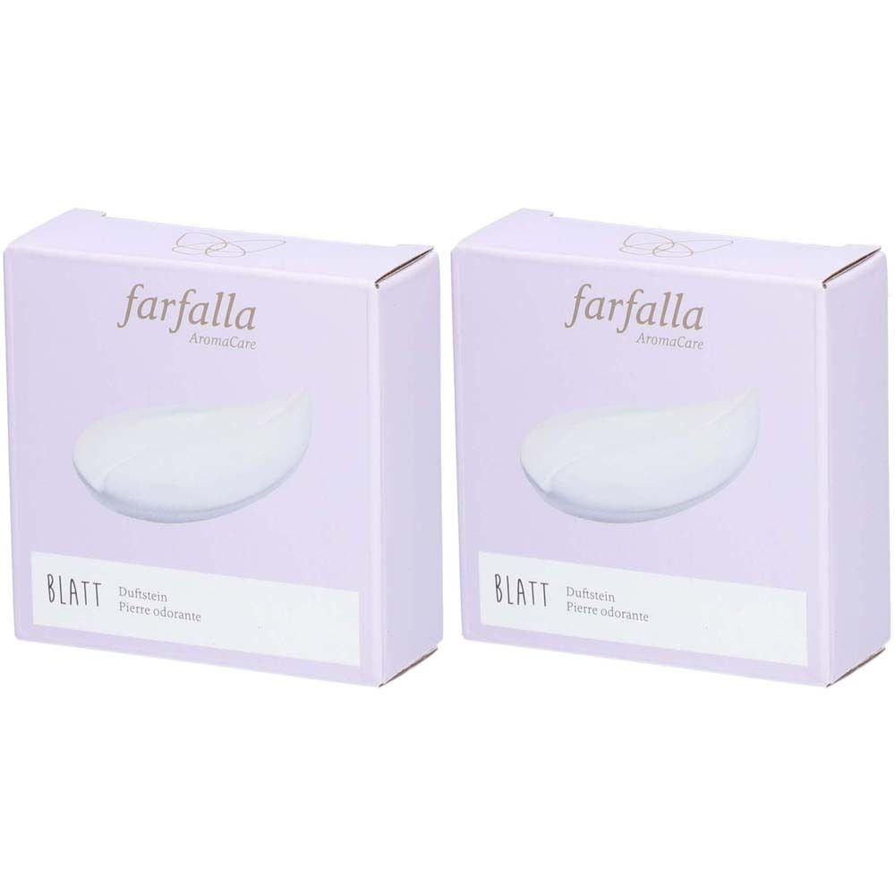 Twee lila dozen met het "farfalla" logo. Elke doos toont een wit blad. Tekst: BLATT, Duftstein, Fiore adorante.