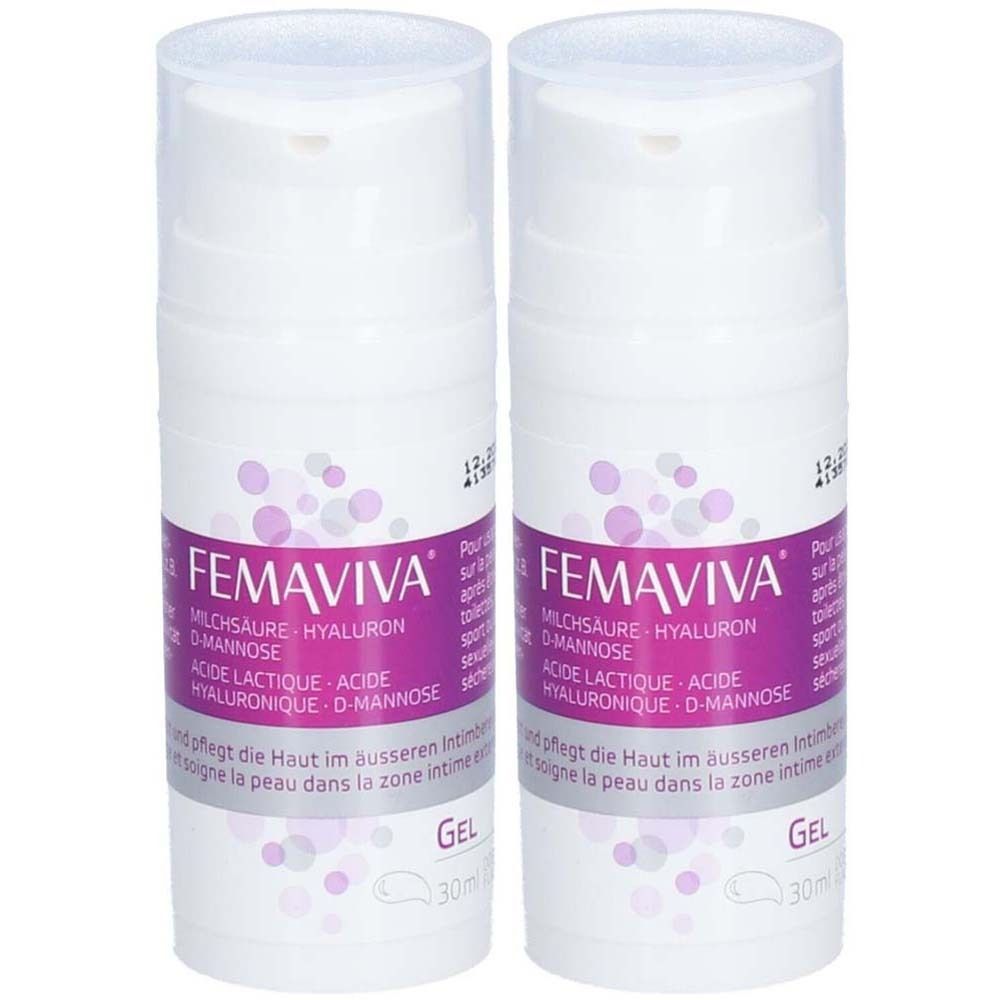 Twee witte flacons met pompsluiting. Op elke flacon staat in paarse letters FEMAVIVA, met ingrediënten en de aanduiding GEL.