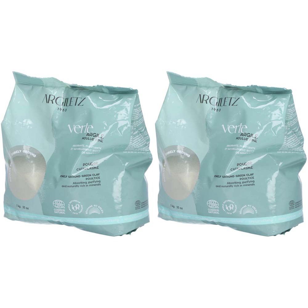 Deux sachets de poudre verte. Inscription: Argiletz, Verre, argile verte finement moulue. Avec label bio.