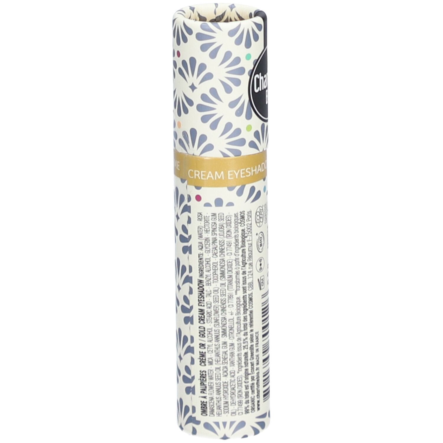 Emballage cylindrique. Inscription: Charlotte Bio, Cream Eyeshadow. Ingrédients. Label Vegan.