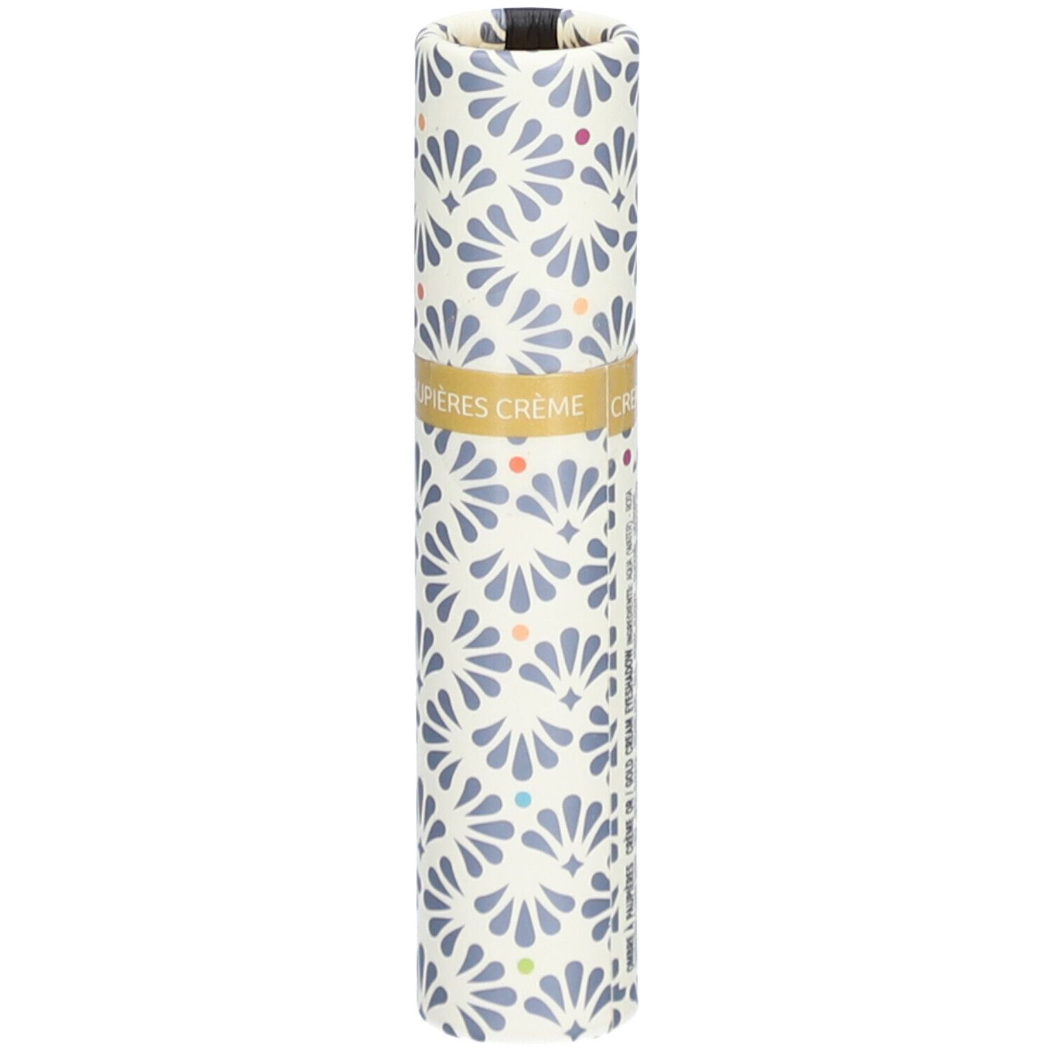 Emballage cylindrique. Inscription: Ombre à Paupières Crème. Motif de fleurs bleues et points colorés.