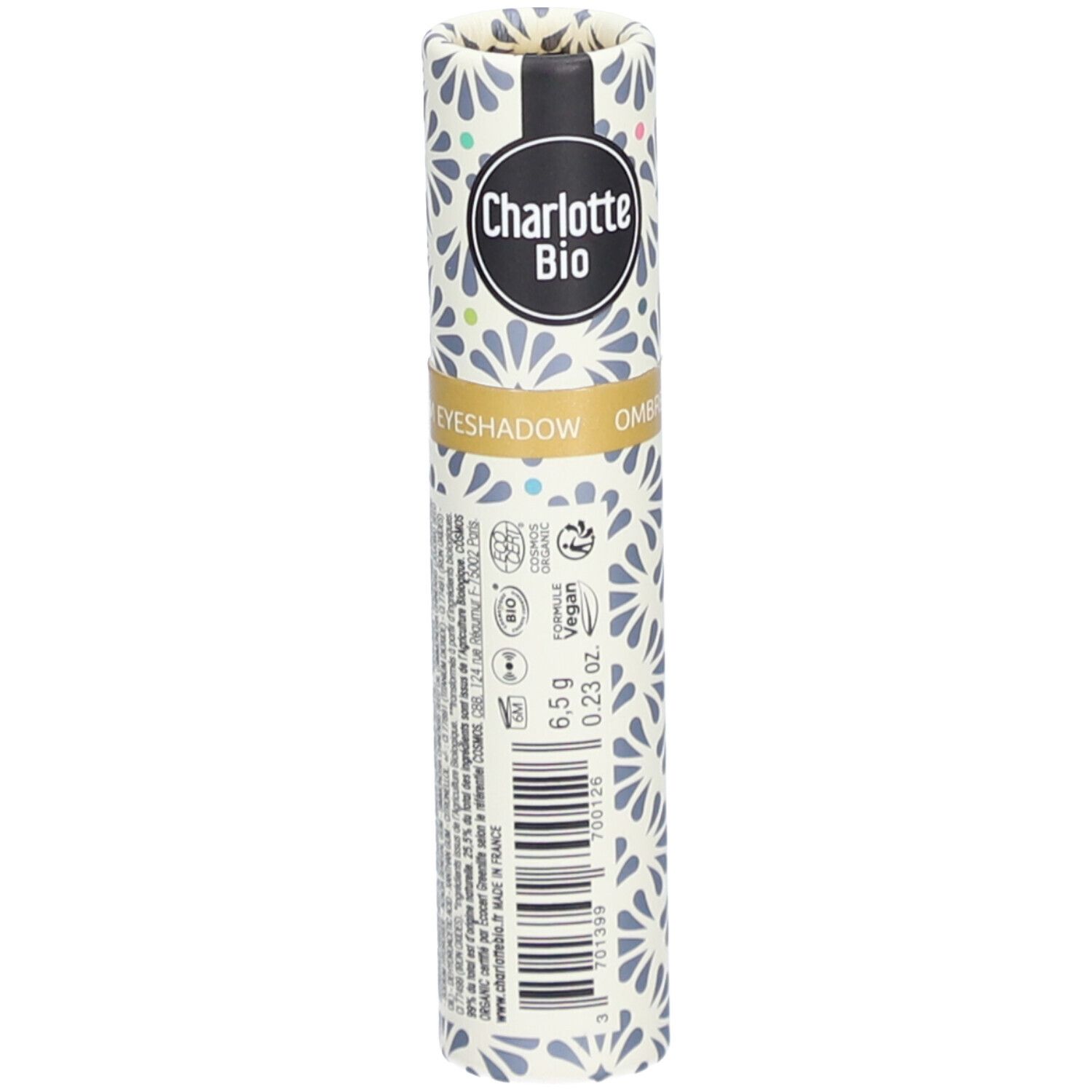 Emballage cylindrique. Inscription: Charlotte Bio, Eyeshadow Ombre. Label Vegan. 6,5 g, 0,23 oz.