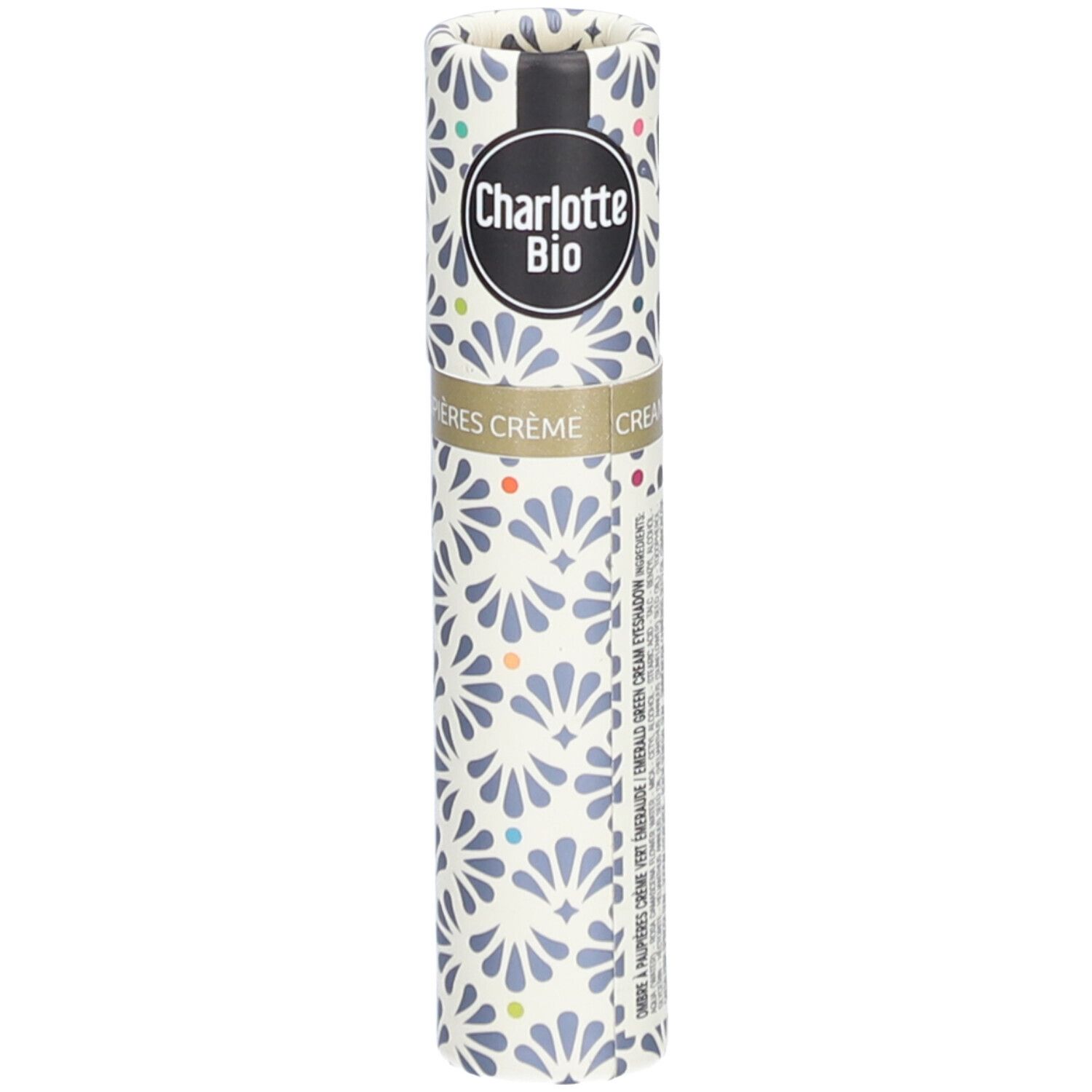 Cilindrische verpakking met bloemmotief. Boven: Charlotte Bio logo. Tekst: Vloeibare oogschaduw BIO smaragdgroen.