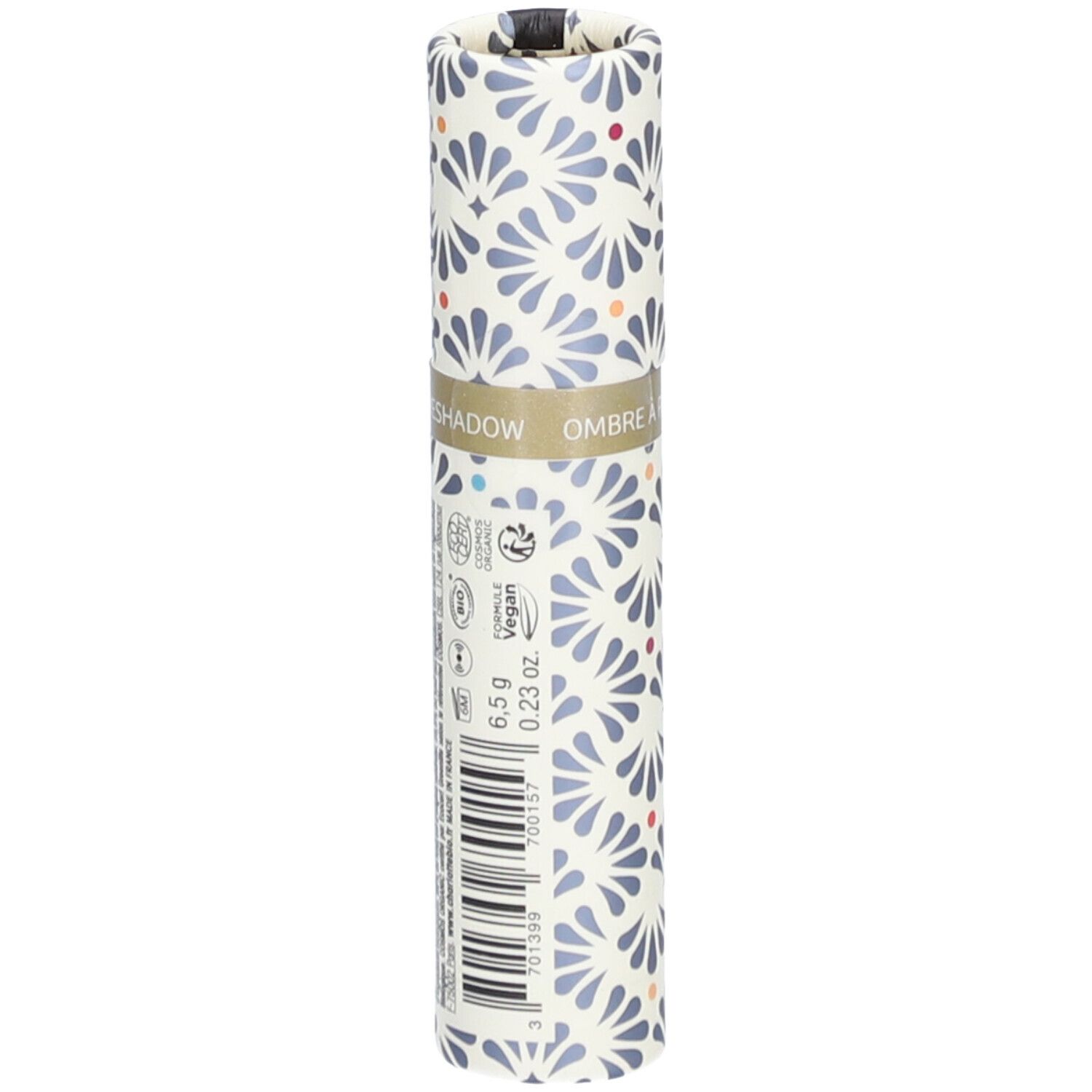 Cilindrische verpakking met bloemmotief. Tekst: Oogschaduw crème. Vegan logo. 6,5 g / 0,23 oz.