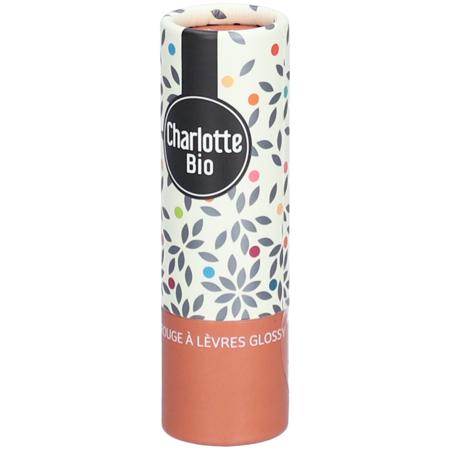 Emballage de rouge à lèvres. Charlotte Bio, Rouge à lèvres Glossy. Cylindrique, imprimé floral, teinte marron.