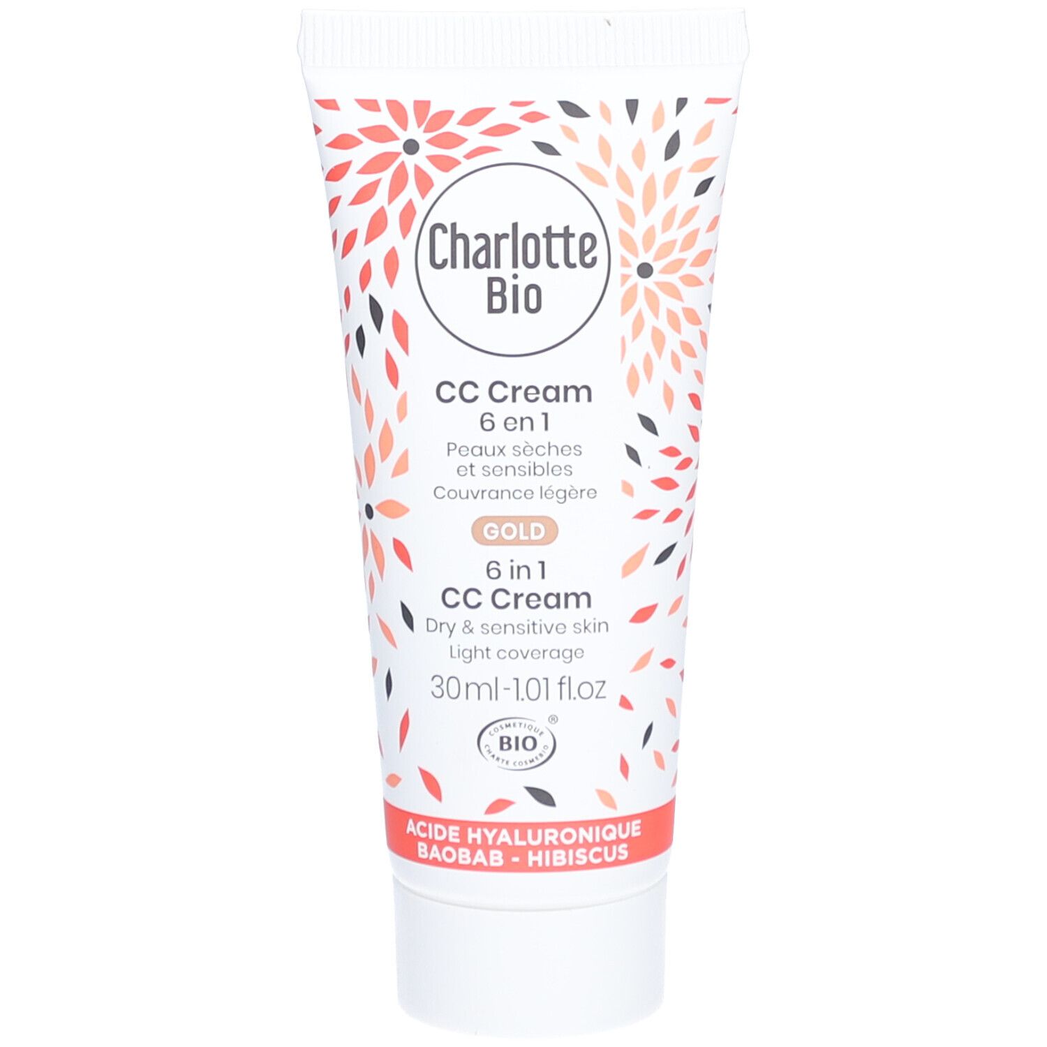Tube de crème Charlotte Bio CC Gold. Motifs floraux, texte, 6 en 1, 30ml. Peaux sèches. Certification Bio.