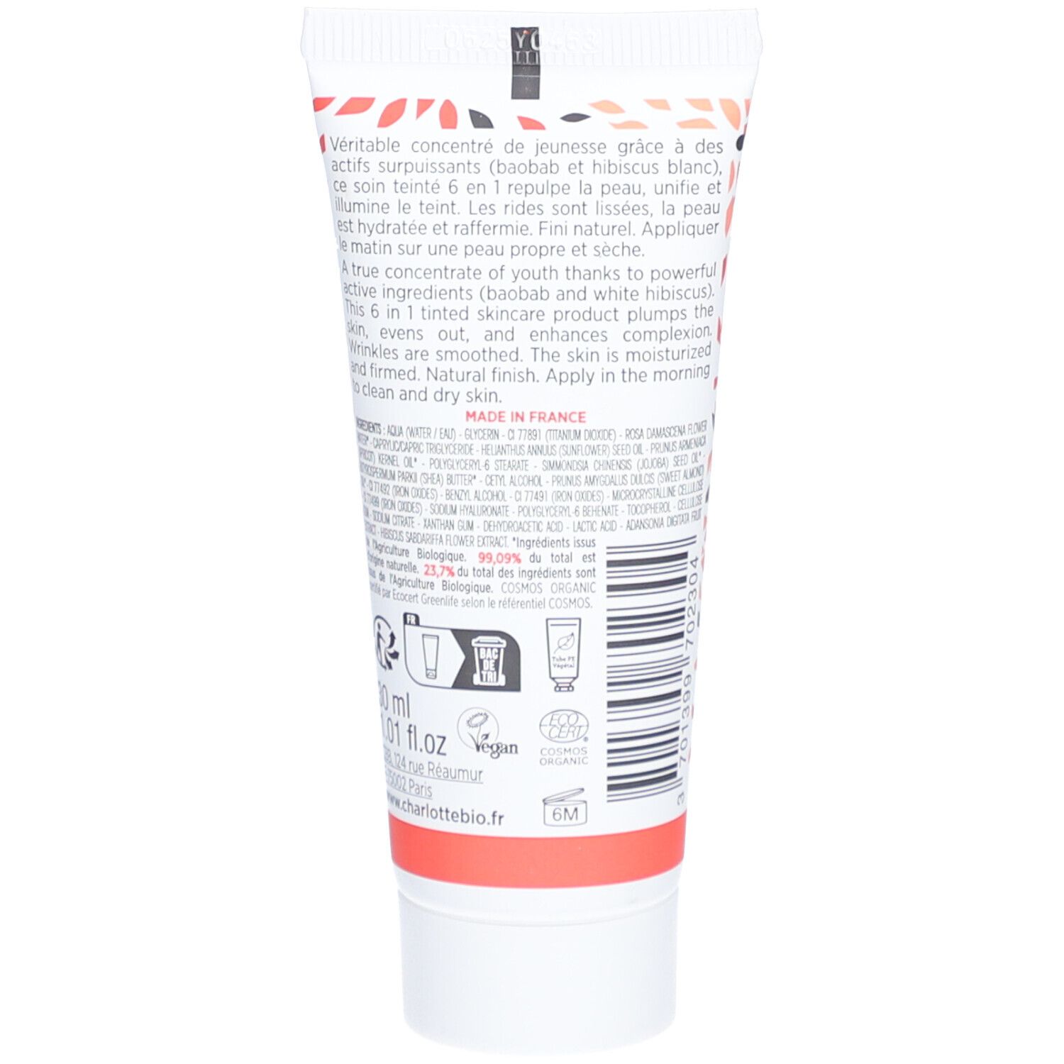 Dos du tube Charlotte Bio CC Cream Gold. Texte, ingrédients, 30ml. Certification Bio. Logo Vegan.