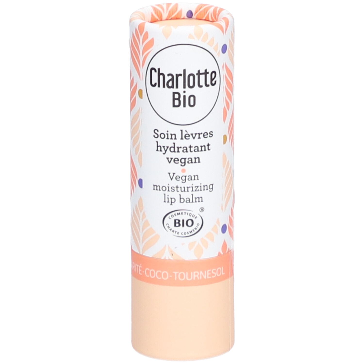 Verpakking lippenbalsem. Cilindrische vorm, wit met bloemmotief. Opschrift: Charlotte Bio, Soin lèvres hydratant vegan, Vegan moisturizing lip balm.