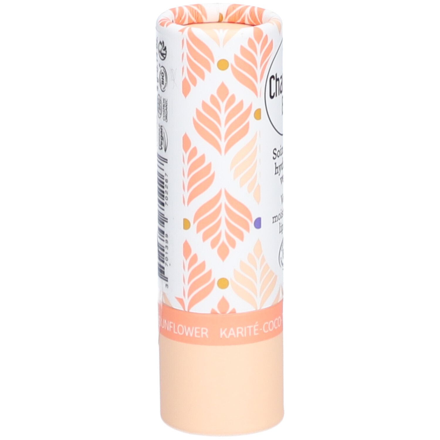 Lippenbalsemverpakking. Cilindrisch, wit met perzikbladeren. Opschrift: Charlotte Bio, Soin lèvres hydratant vegan, Vegan moisturizing lip balm. BIO-keurmerk.