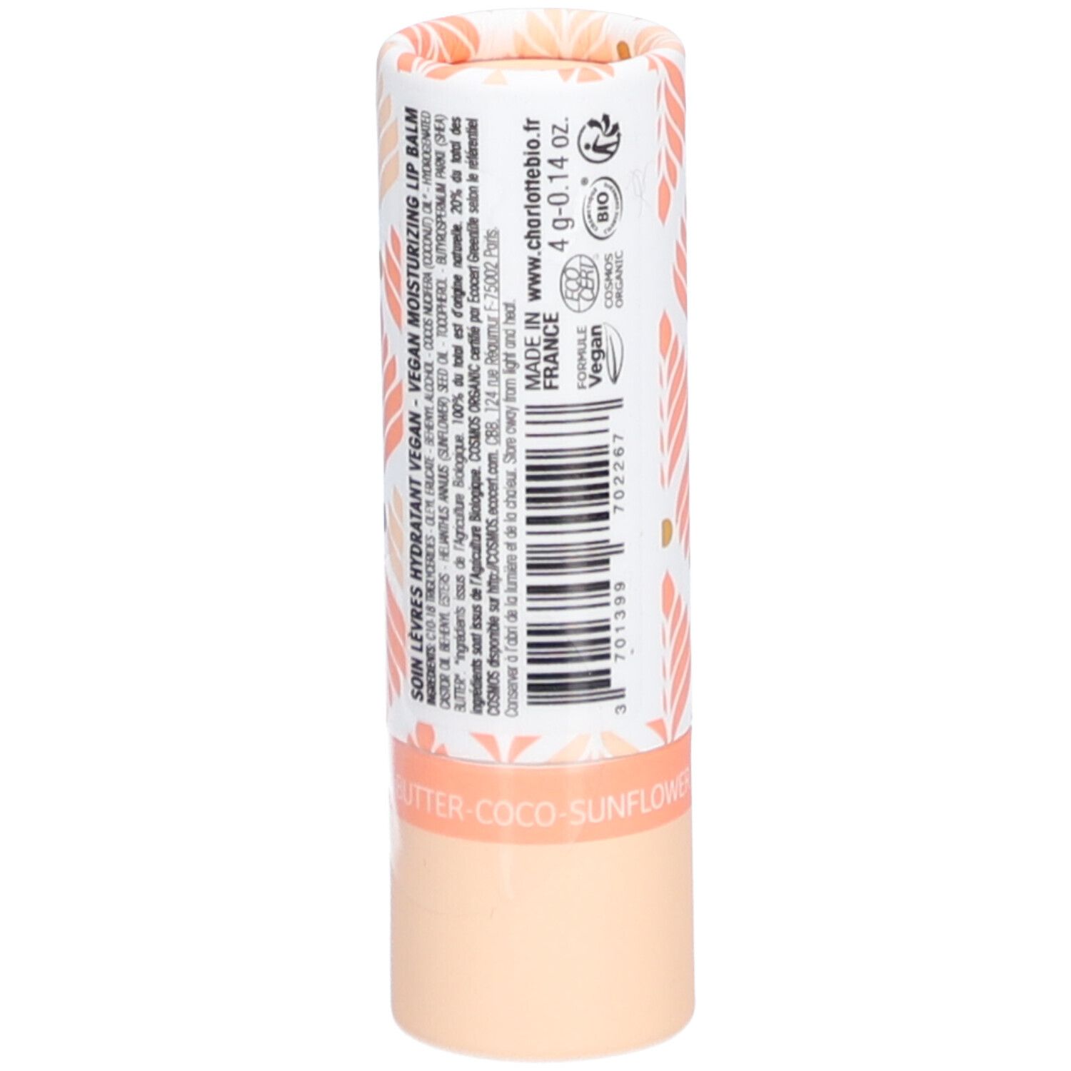 Lippenbalsemverpakking. Achterkant met tekst en barcode. Opschrift: Soin lèvres hydratant vegan, Vegan moisturizing lip balm. Gemaakt in Frankrijk. BIO-keurmerk.