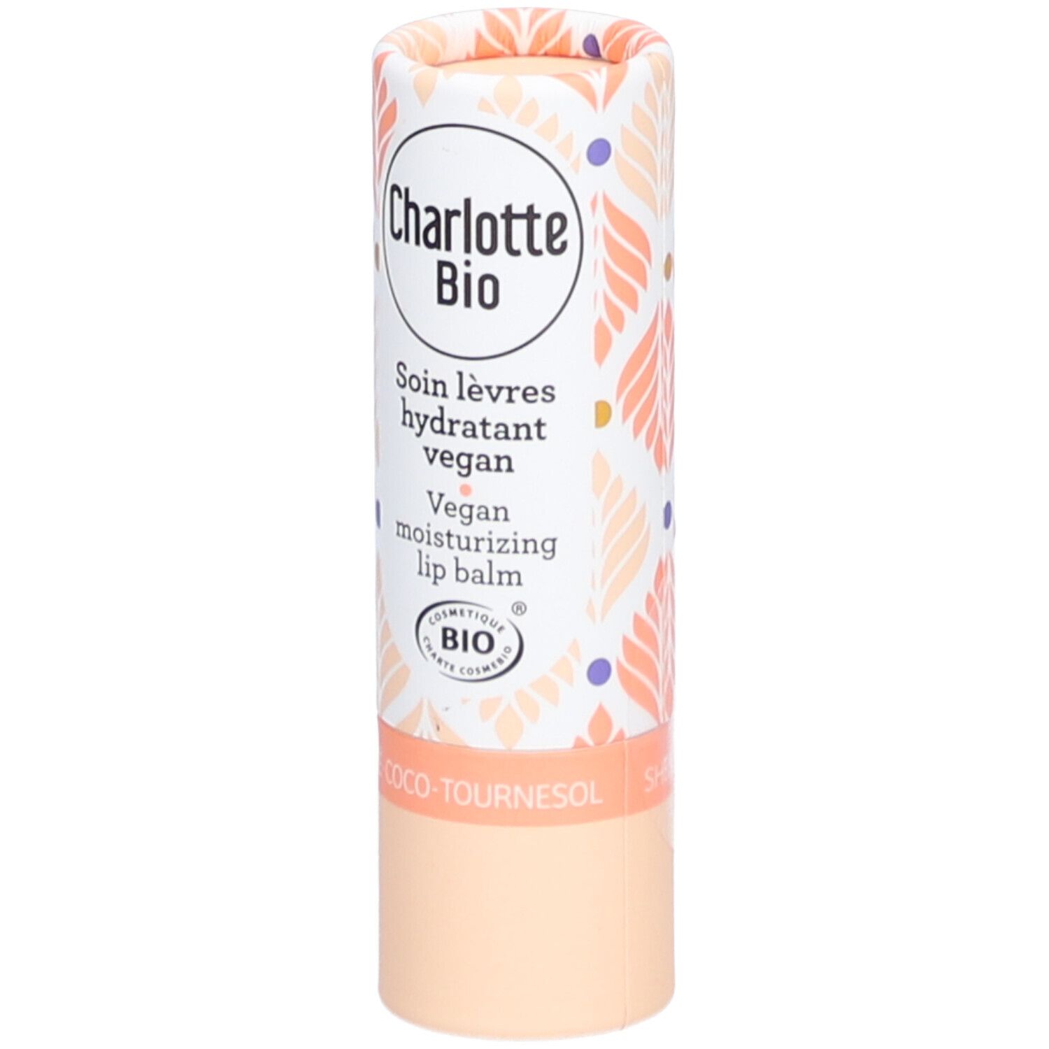 Lippenbalsemverpakking. Cilindrisch, wit met bloemmotief. Opschrift: Charlotte Bio, Soin lèvres hydratant vegan, Vegan moisturizing lip balm. BIO-keurmerk.