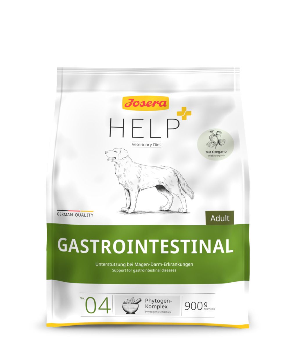Josera HELP Gastrointestinal Adult. Sac blanc à bande verte. Impression : chien, texte, logo. 900g.