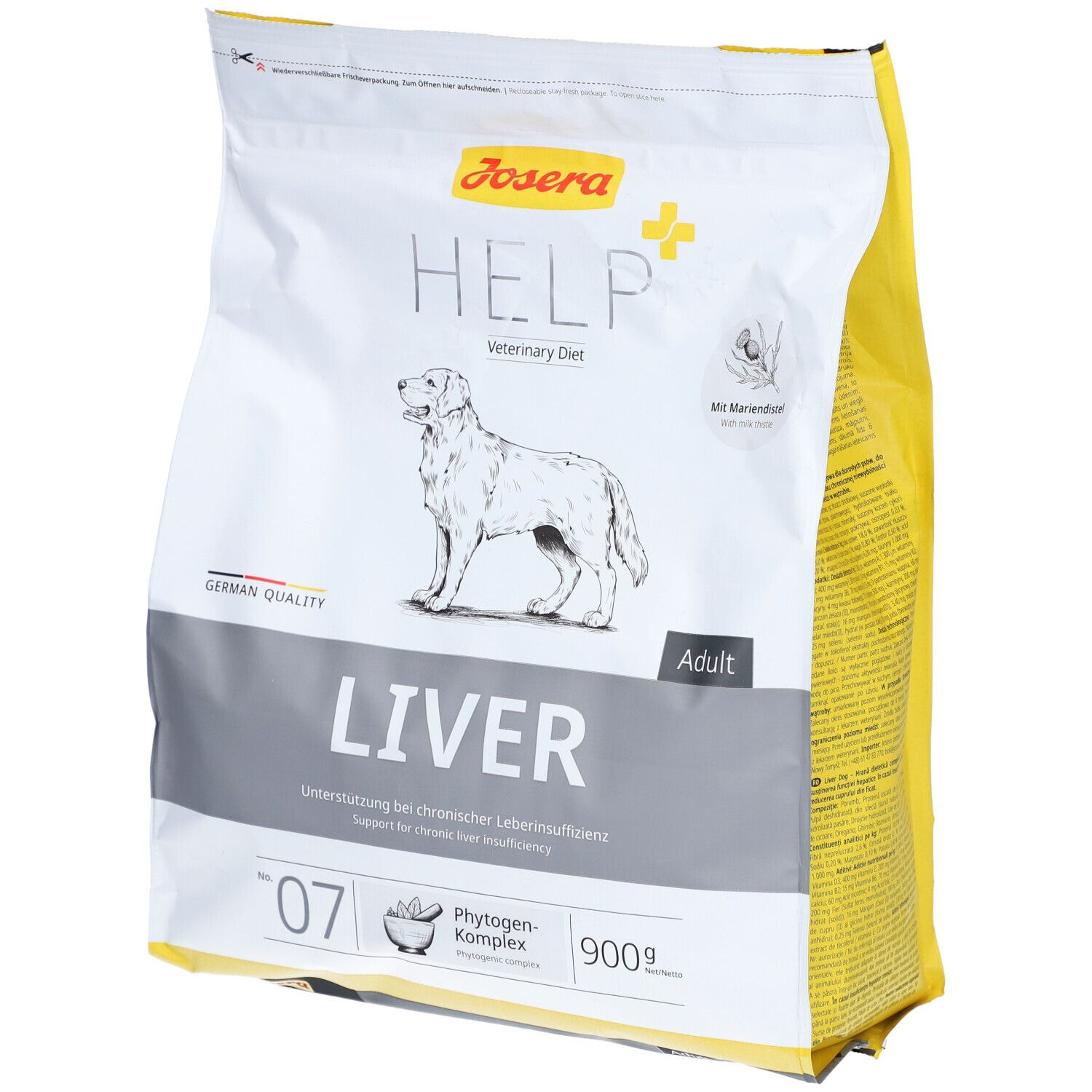 Josera Help Liver, alimentation pour chiens. Emballage avec nom du produit, logo et image d'un chien. 900g.
