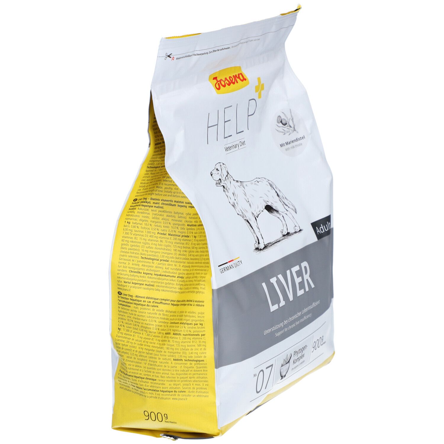 Emballage de nourriture pour chiens Josera Help Liver. Vue de côté. Nom du produit, logo et image d'un chien visibles.