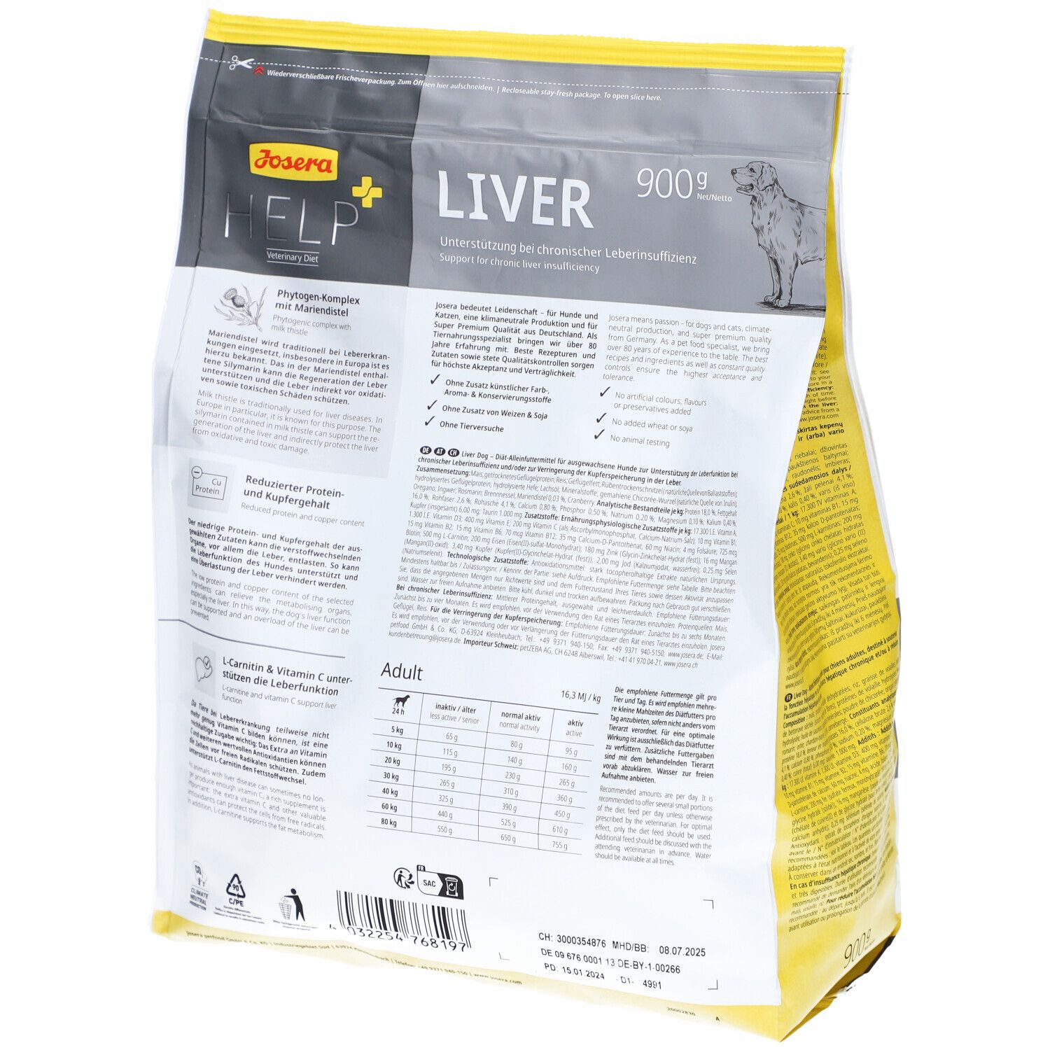 Dos de l'emballage Josera Help Liver. Informations textuelles, tableau nutritionnel et logo. 900g. Fond jaune.