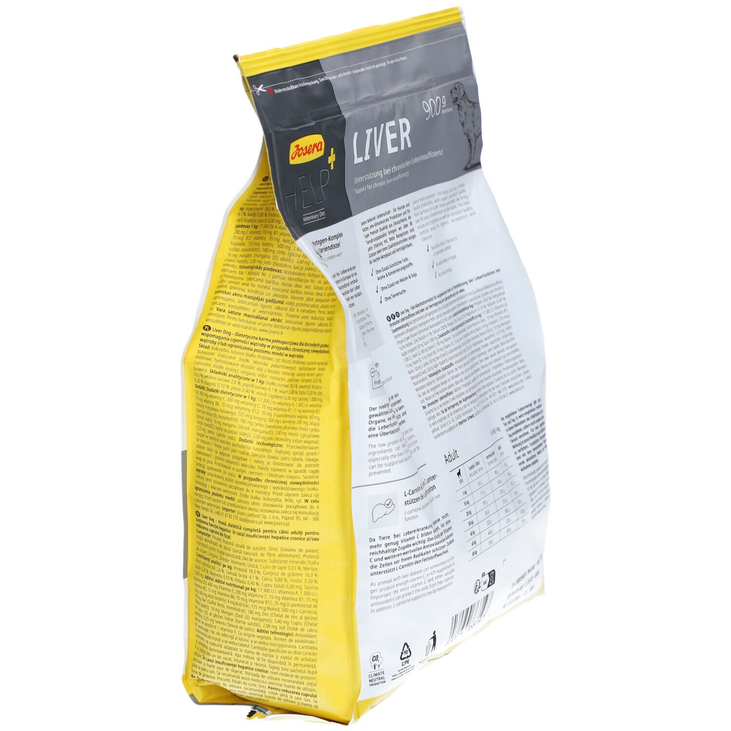 Emballage de nourriture pour chiens Josera Help Liver. Vue de côté. Nom du produit, logo et informations textuelles visibles.