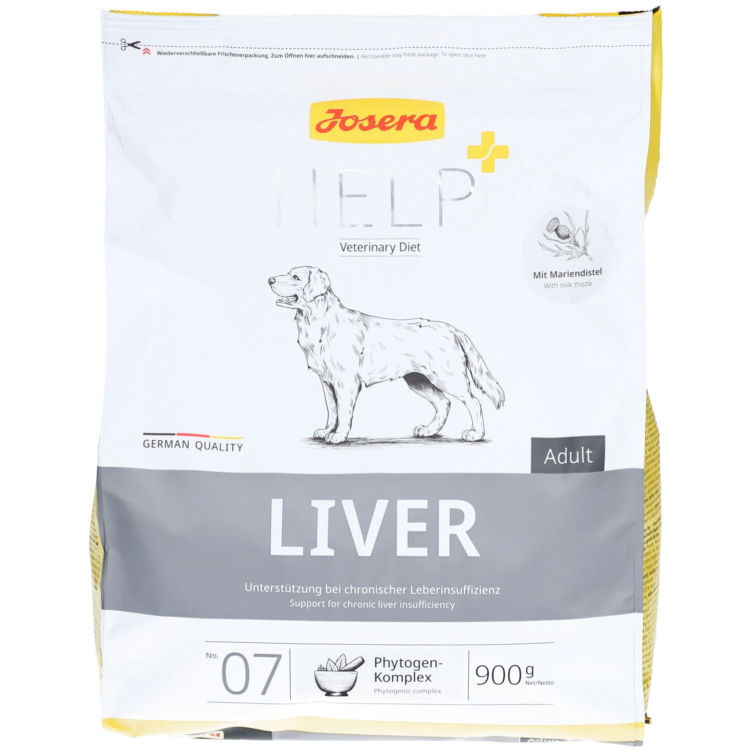 Josera Help Liver, alimentation pour chiens. Emballage avec nom du produit, logo et image d'un chien. 900g.