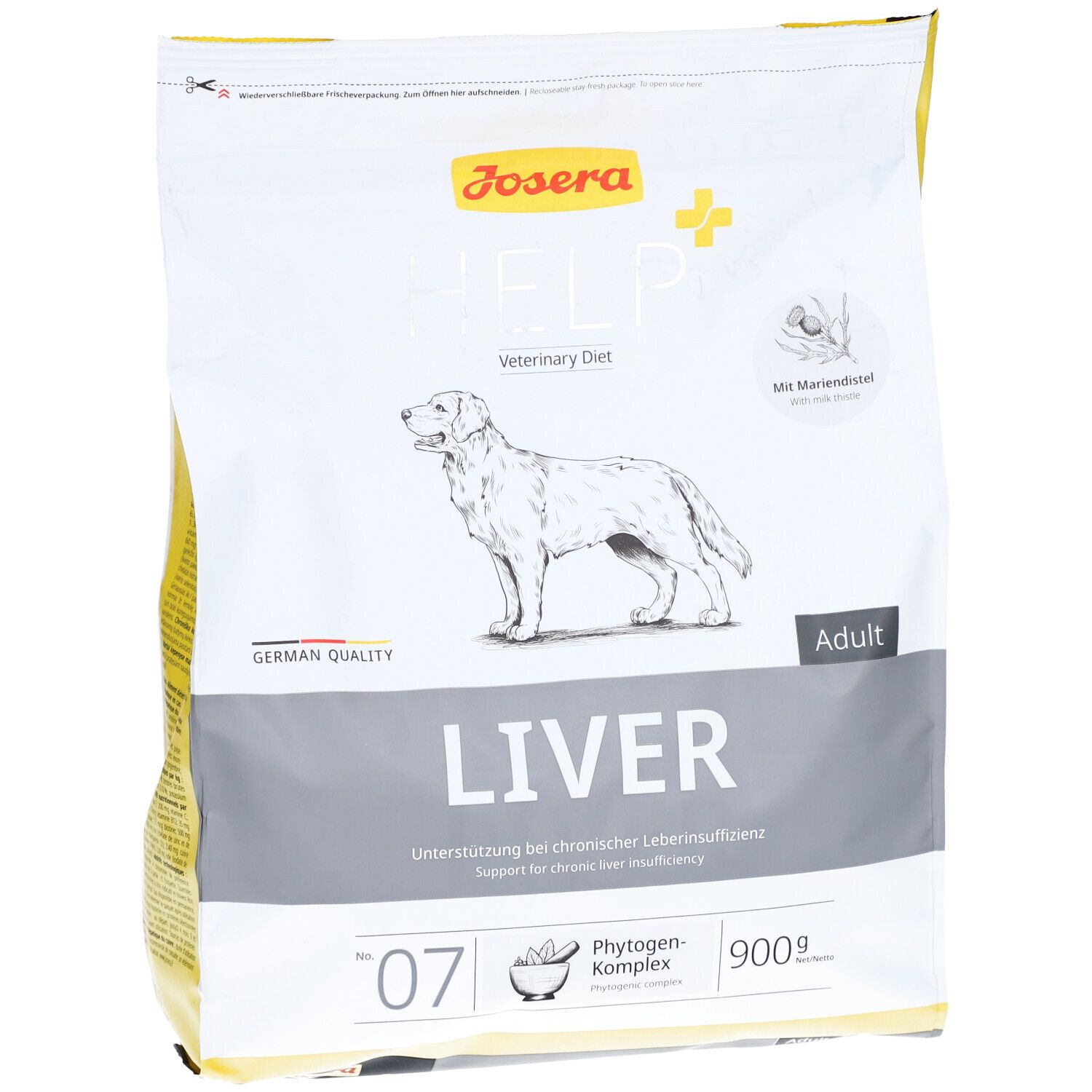 Josera Help Liver, alimentation pour chiens. Emballage avec nom du produit, logo et image d'un chien. 900g.
