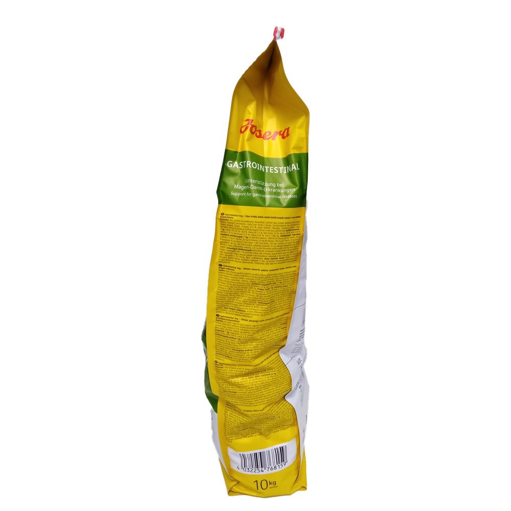 Vue latérale du sac de nourriture pour chiens Josera Help Gastrointestinal. Emballage jaune et blanc avec texte et code-barres. 10 kg.
