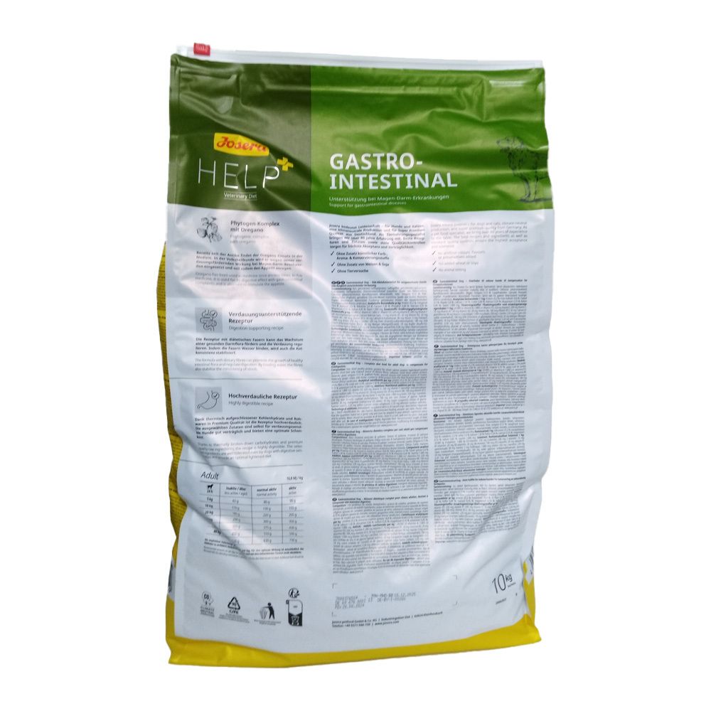Dos du sac de nourriture pour chiens Josera Help Gastrointestinal. Texte en plusieurs langues. 10 kg. Avec logo et informations.