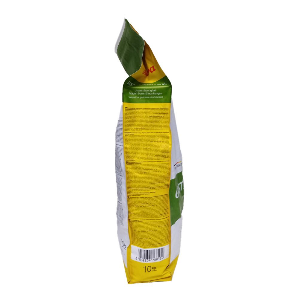 Vue latérale du sac de nourriture pour chiens Josera Help Gastrointestinal. Emballage jaune et blanc avec texte et code-barres. 10 kg.