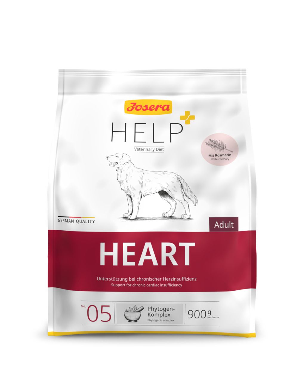 Josera HELP HEART Adult. Emballage blanc avec bande rouge. Image d'un chien. Texte : Soutien en cas d'insuffisance cardiaque chronique.