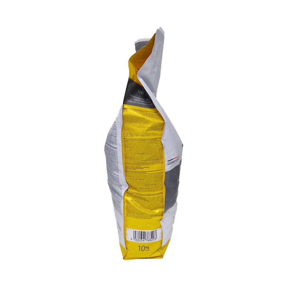 Zijaanzicht van de Josera Help Liver hondenvoer verpakking. Gele en grijze elementen zichtbaar. Bevat tekst en barcode.
