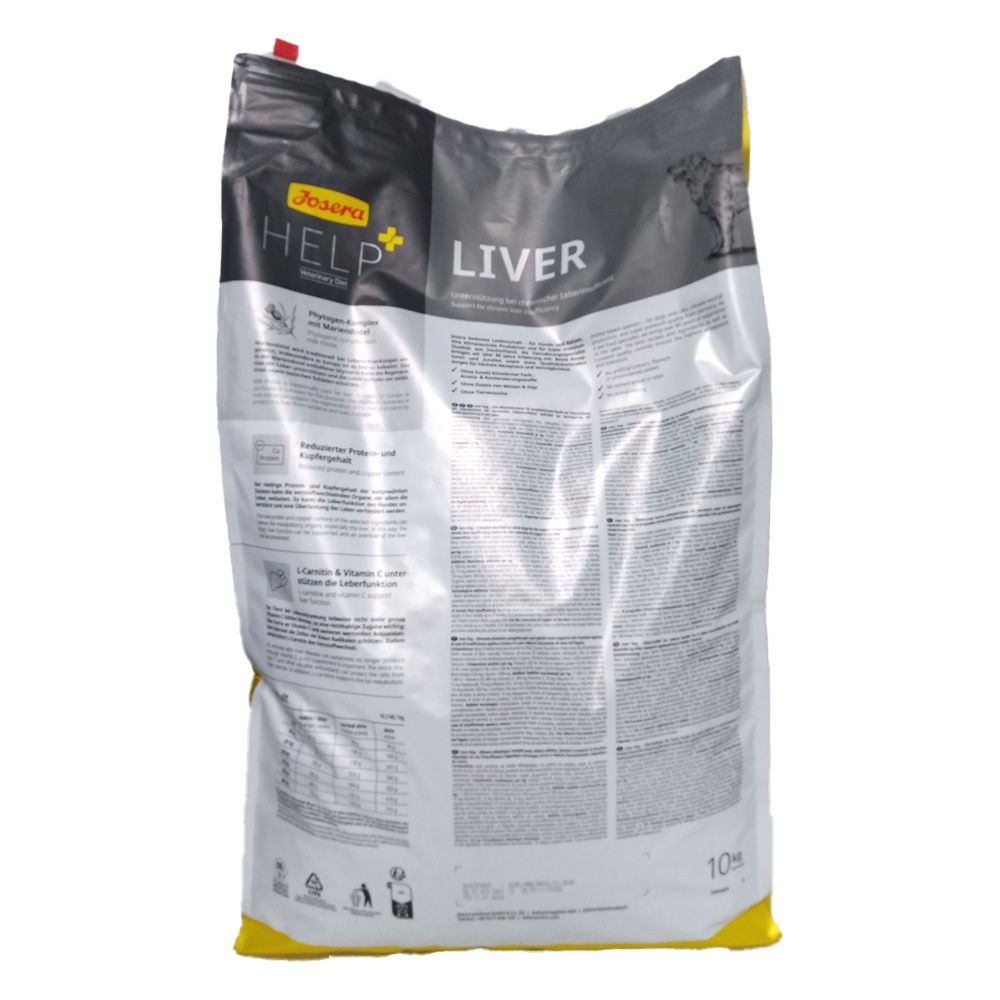 Achterkant van de Josera Help Liver hondenvoer verpakking. Bevat tekst, productinformatie en logo's. 10 kg.