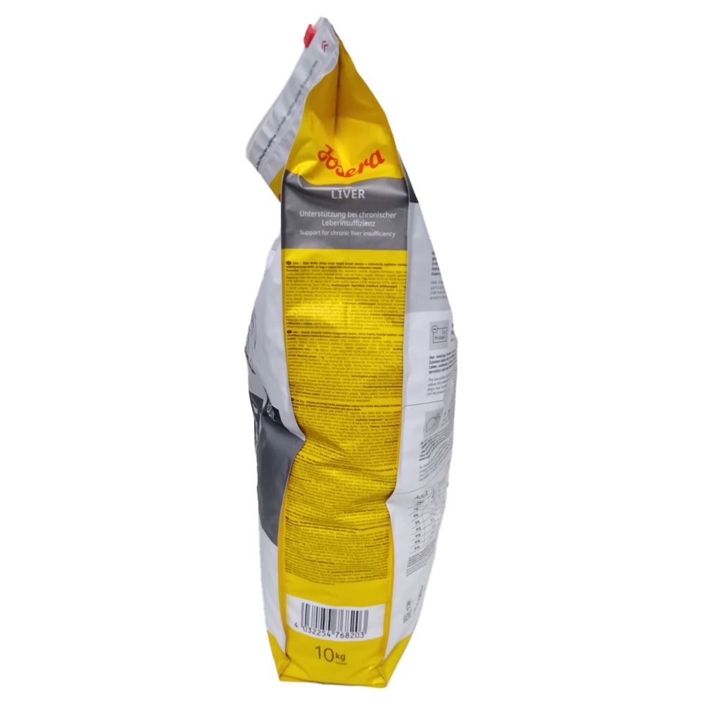 Zijaanzicht van de Josera Help Liver hondenvoer verpakking. Gele en grijze elementen zichtbaar. Bevat tekst en barcode. 10 kg.