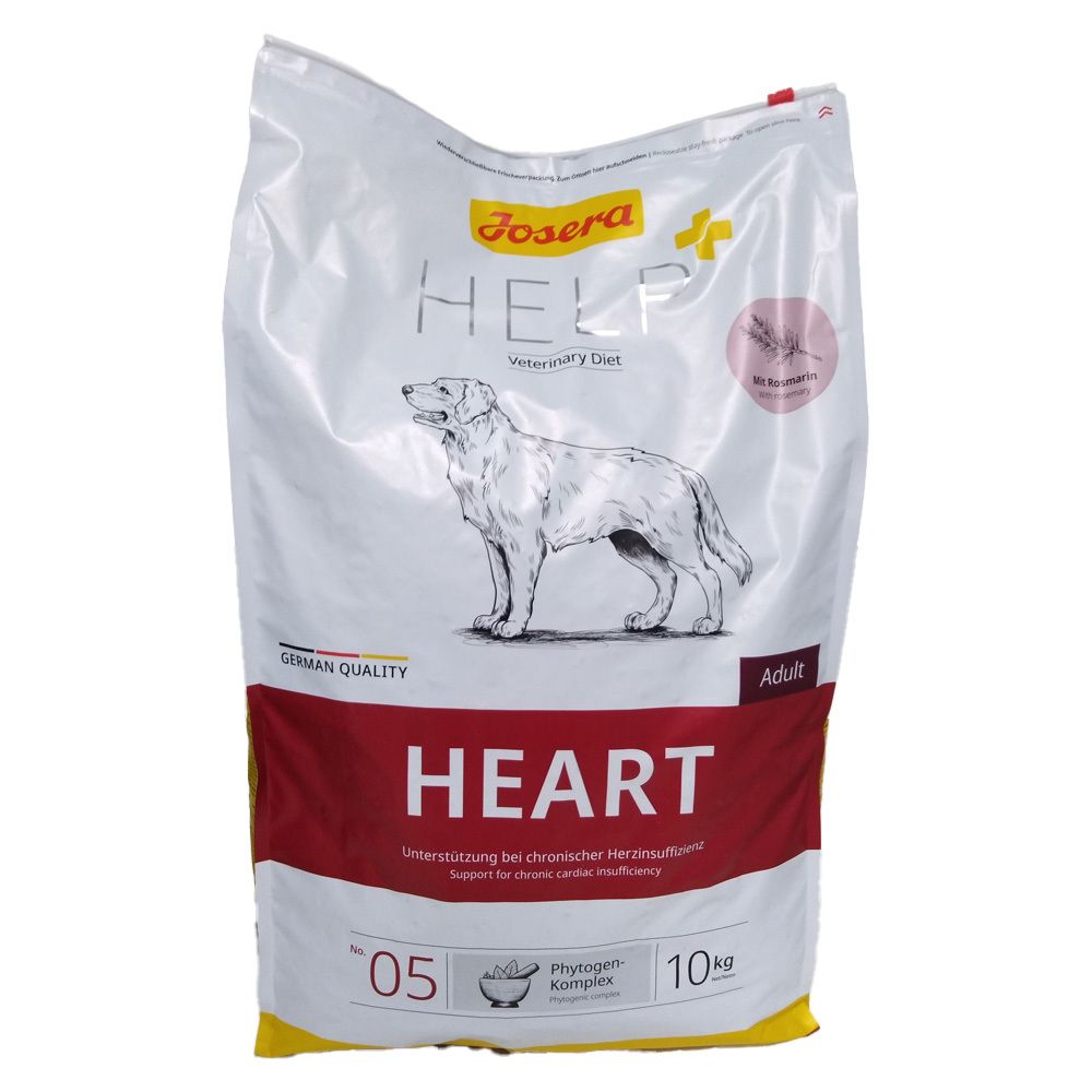 Josera Help Heart Hund zak. Wit met opdruk. Afbeelding van hond. Tekst: Heart, Veterinary Diet, Adult, 10kg.