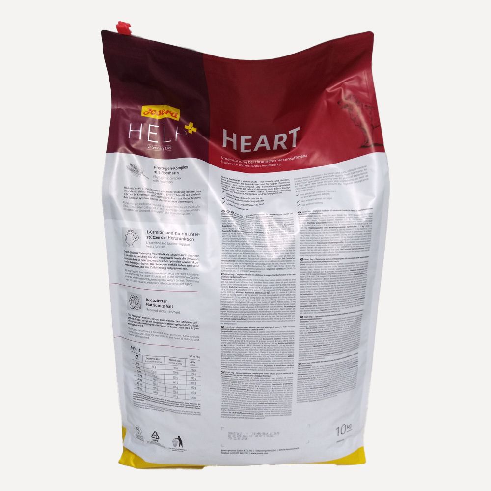 Achterkant van de Josera Help Heart Hund zak. Tekst en informatie op witte achtergrond. 10kg.