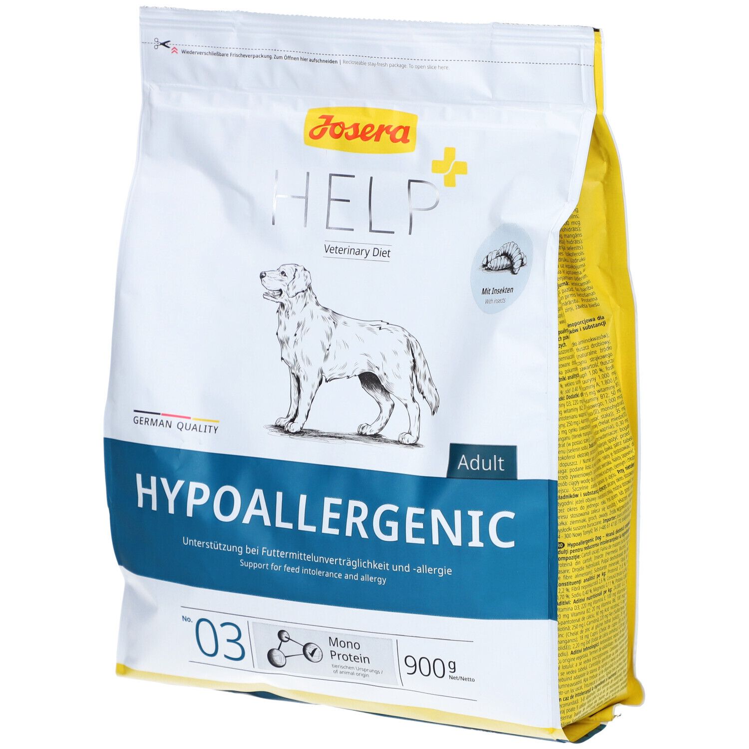 Josera HELP Hypoallergeen hondenvoerzak. Wit en gele verpakking met logo, hondenillustratie en tekst. 900g.