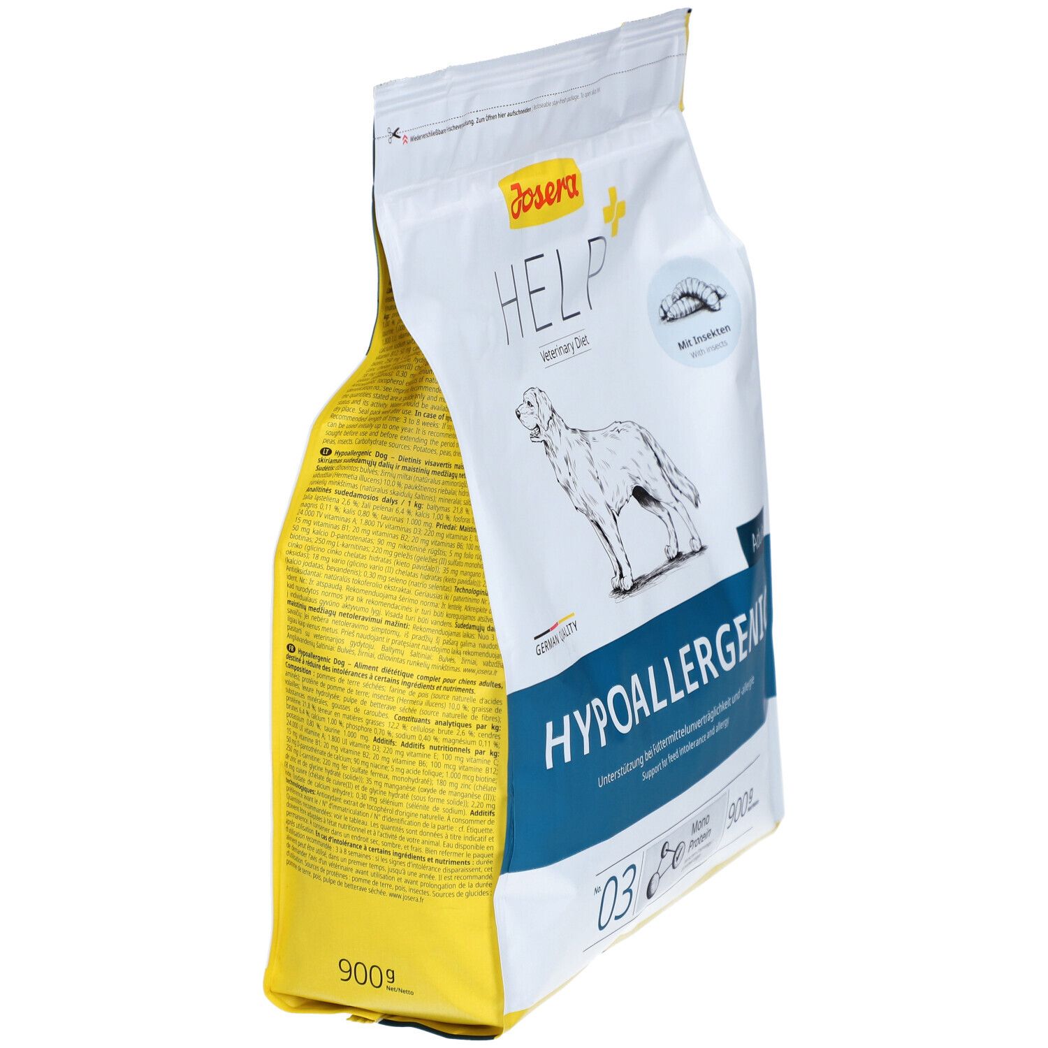 Zijaanzicht van de Josera HELP Hypoallergeen hondenvoerzak. Witte en gele verpakking met logo en tekst. 900g.