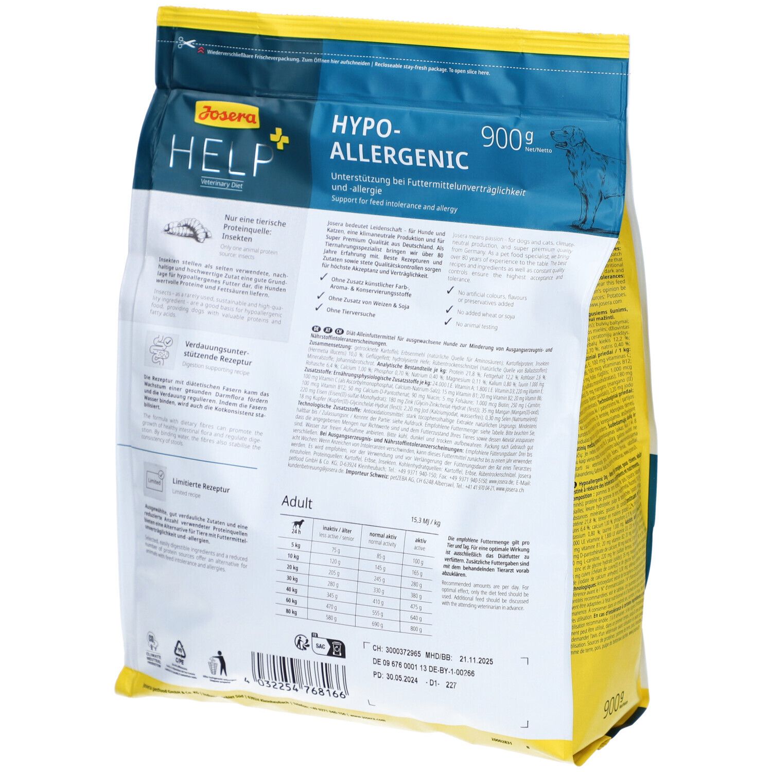 Achterkant van de Josera HELP Hypoallergeen hondenvoerzak. Tekst en informatie op witte achtergrond. 900g.