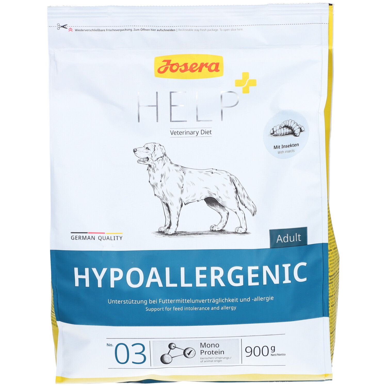 Josera HELP Hypoallergeen hondenvoerzak. Wit en gele verpakking met logo, hondenillustratie en tekst. 900g.
