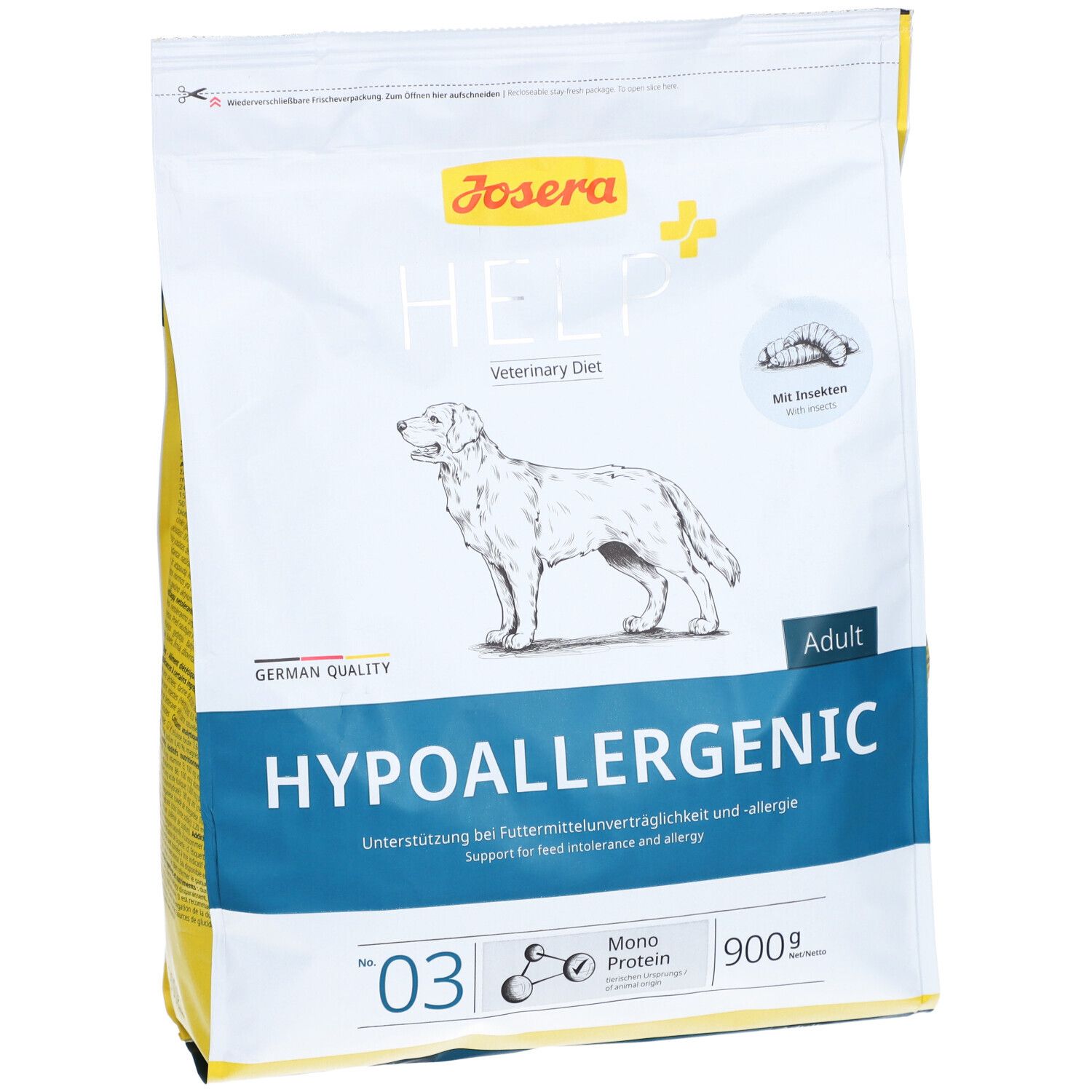 Josera HELP Hypoallergeen hondenvoerzak. Wit en gele verpakking met logo, hondenillustratie en tekst. 900g.
