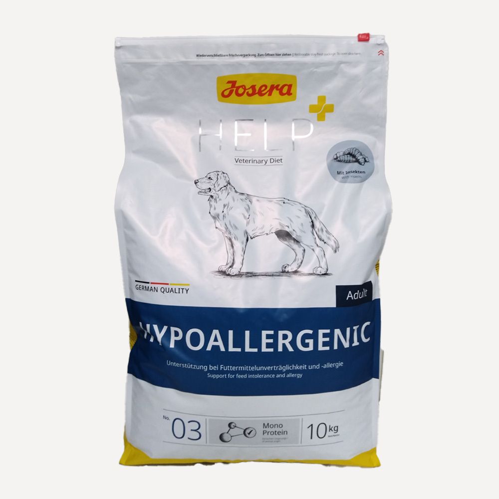 Sac Josera Help Hypoallergenic Hund. Illustration de chien sur fond blanc et bleu. Inscription: Hypoallergenic, Adult, 10kg.