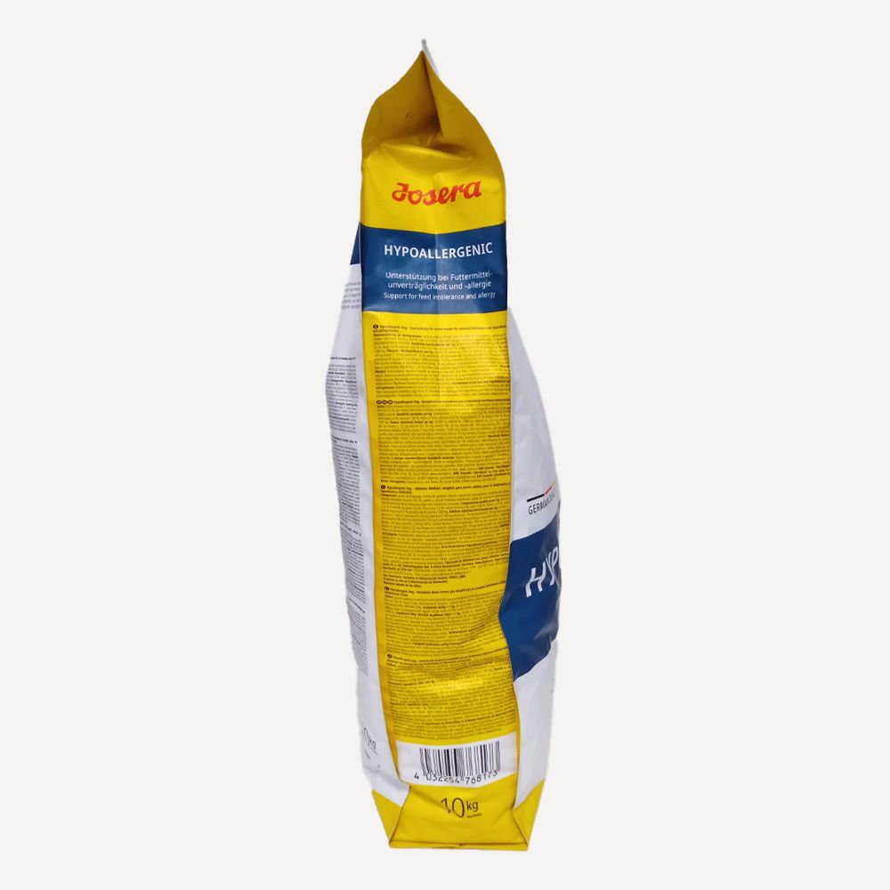 Emballage latéral Josera Help Hypoallergenic Hund. Sac jaune et blanc avec texte. Inscription: Hypoallergenic, 10kg.