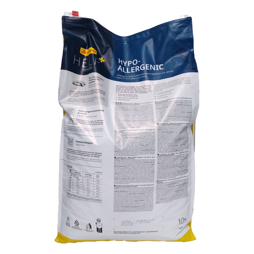 Dos de l'emballage Josera Help Hypoallergenic Hund. Texte et informations nutritionnelles sur fond blanc. Inscription: Hypoallergenic, 10kg.