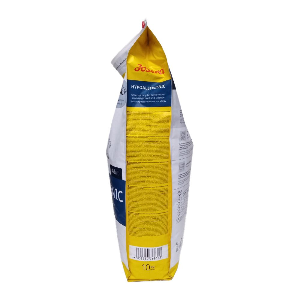 Emballage latéral Josera Help Hypoallergenic Hund. Sac jaune et blanc avec texte. Inscription: Hypoallergenic, 10kg.