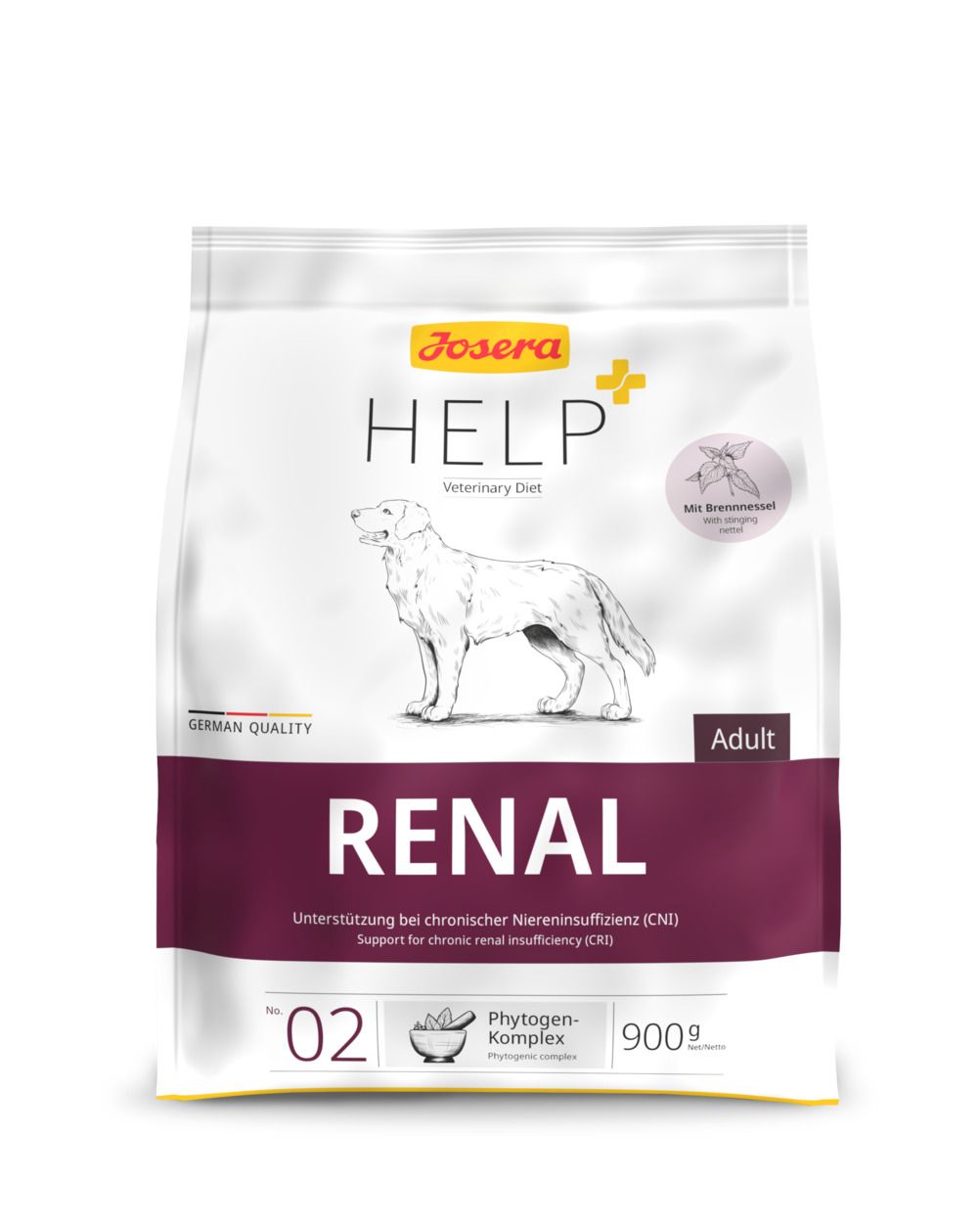 Josera HELP RENAL Adult hondenvoerzak. Wit, met logo, hondenillustratie en productnaam. 900g.