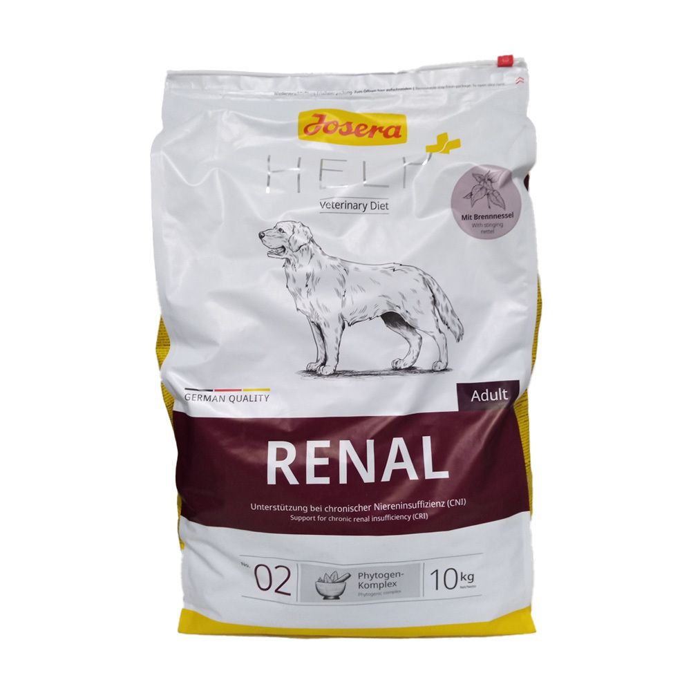 Zak Josera Help Renal Hund. Wit-gele verpakking met logo en productnaam. Afbeelding van een hond. Opschrift: Renal, 10kg.