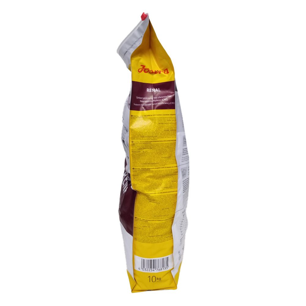 Zijaanzicht van de Josera Help Renal Hund zak. Wit-gele verpakking met tekst. Opschrift: Renal, 10kg.