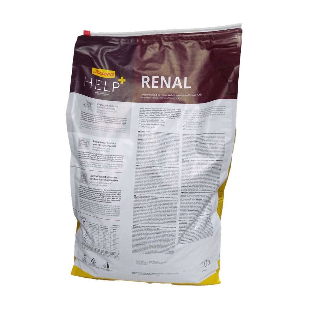 Achterkant van de Josera Help Renal Hund zak. Wit-gele verpakking met tekst. Opschrift: Renal, 10kg.