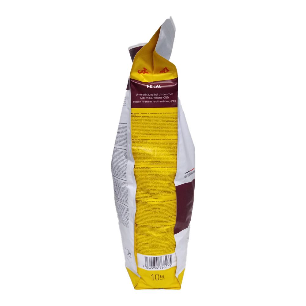 Zijaanzicht van de Josera Help Renal Hund zak. Wit-gele verpakking met tekst. Opschrift: Renal, 10kg.